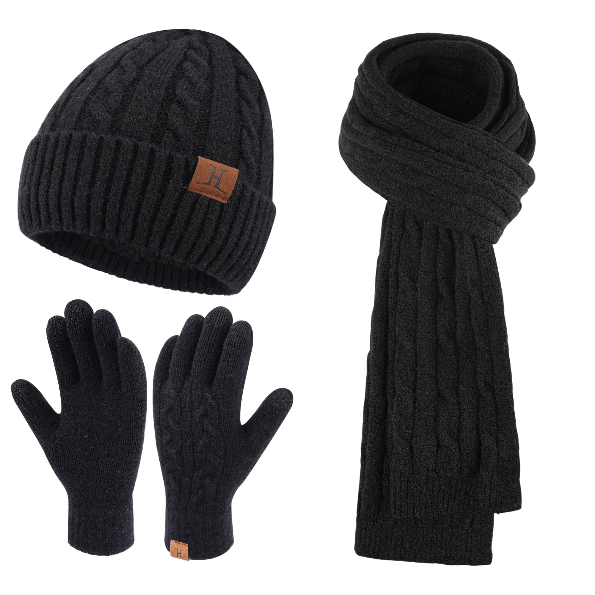 Womens Winter Beanie Hats Long Scarf Touchscreen Gloves Set Warm Knit Skull Caps Gifts for Women